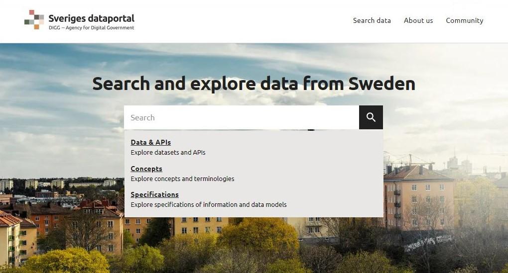 Search page of the English version of Sveriges dataportal (dataportal.se).