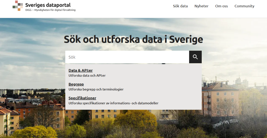 Söksidan på Sveriges dataportal (dataportal.se).