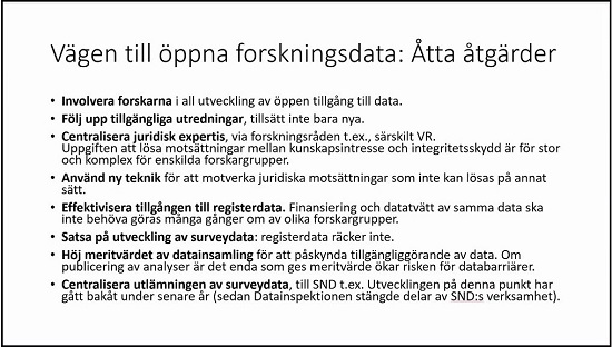 Presentationsbild med Michael Tåhlins åtta förslag till åtgärder för öppen tillgång till data.